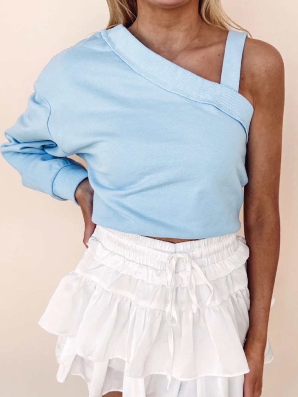 The Vintage Shop Light Blue Asymmetrical One Shoulder Sweatshirt Top Women Small